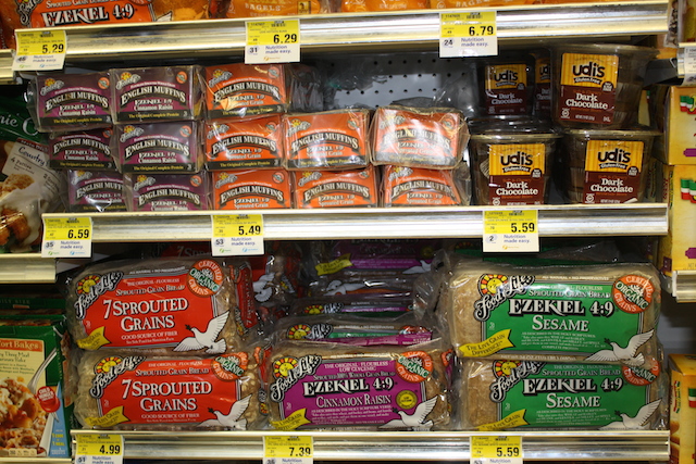Ezekiel bread and Udis bread and other healthy breads in the freezer at the local supermarket.