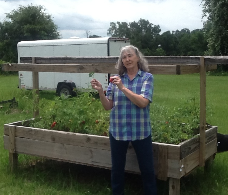 judith standing by her wooden trough garden frame with legs to raise it to a better working height