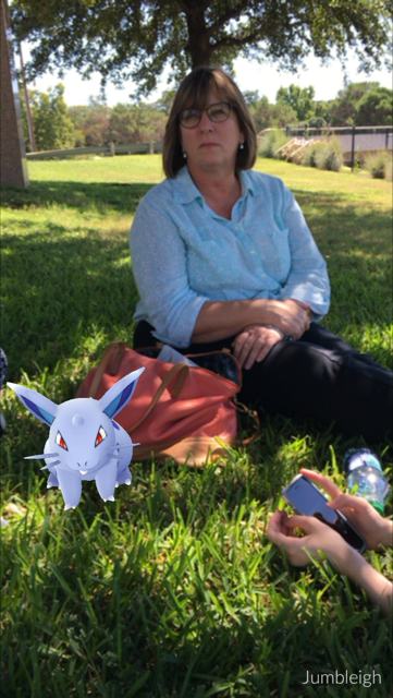 Kelly is enjoying the nice weather at the picnic while talking to the Pokemon.