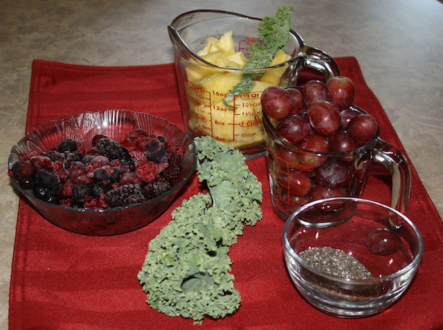 pineapple, grape, berries, kale and seeds to add to a tasty smoothie