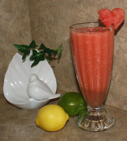 A colorful refreshing drink made from blended watermelon, watermelon rind, and lime juice