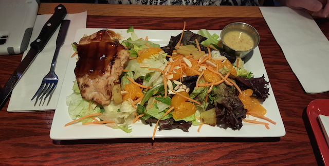 A lovely mixture of fruits and veggies in a Banzai Salad from the Red Robin Restaurant