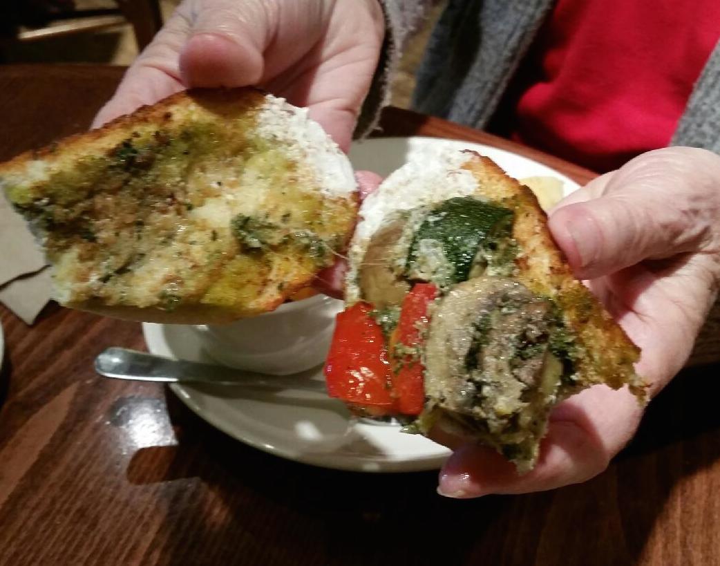 olive oil and colorful vegetables on a roasted vegetable sandwich