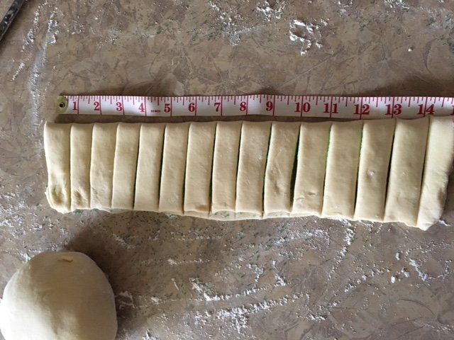 One inch strips of dough to make a festive tree or wreath.