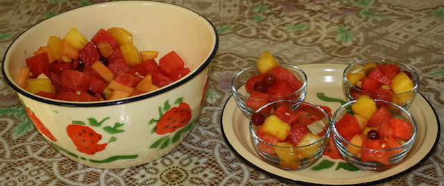 holiday eating might include a colorful watermelon fruit salad