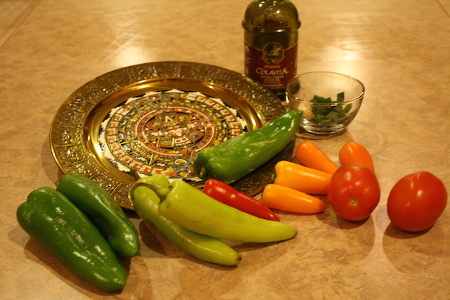 Colorful peppers on a golden decorative tray are so colorful and healthful.