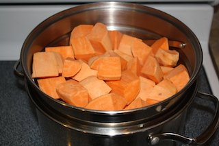 sweet potatoes chopped in the pan