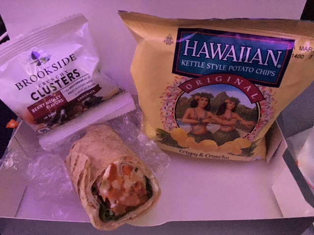 Relaxing vacations might include an airline trip with some tasty food.