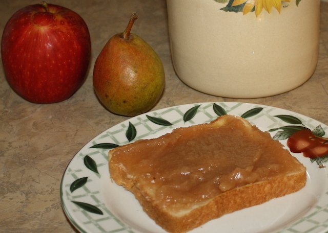 Pear butter is good enough to eat with a spoon but tastes wonderful on toast or cake or even strawberry bread.