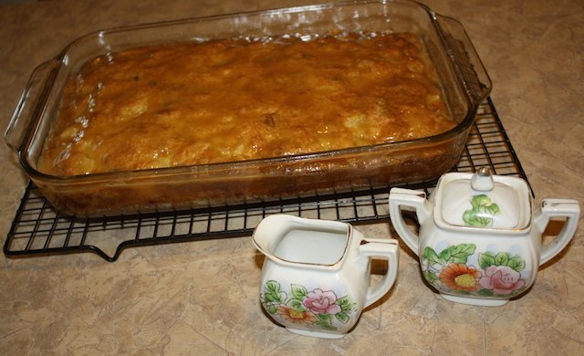 Glazed pear cake in pan