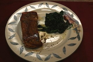 baked maple salmon with steamed spinach for dinner