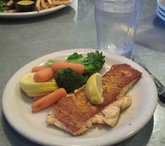A dinner plate from the Cotton Bowl containing salmon and steamed vegetables. So good and good for you