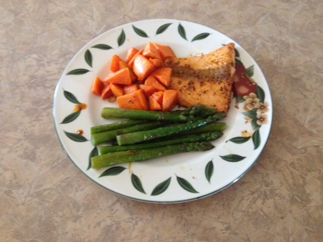 asparagus and salmon and roasted sweet potatoes are so good anytime.