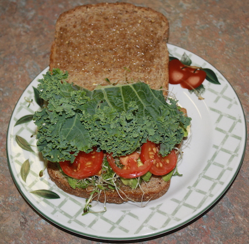 avocado sandwich on sprouted grain bread with a generous piece of kale and sliced tomatoes added