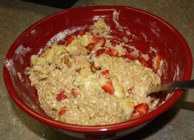 strawberry banana bread batter ready to be turned into the bread pan and baked