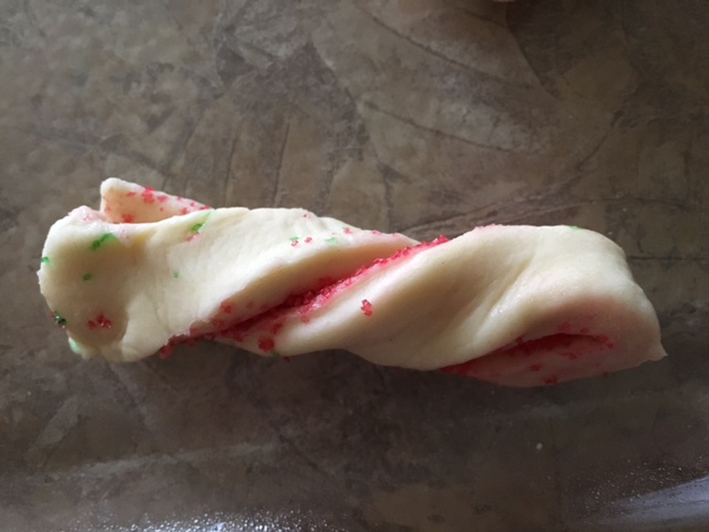 Strips of dough to twist and place on baking sheet.