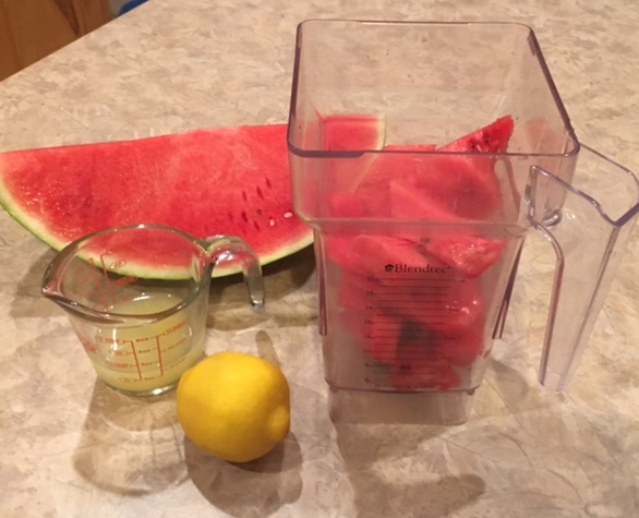 Ingredients needed for a refreshing watermelon drink are watermelon, lemon and ice cubes plus sweetener if desired.