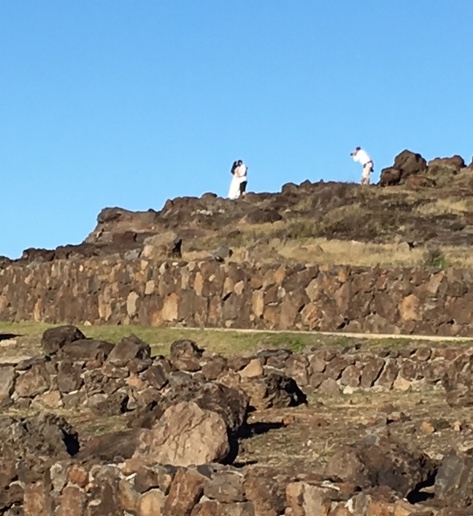 We caught a wedding photographer on a hill by the ocean.